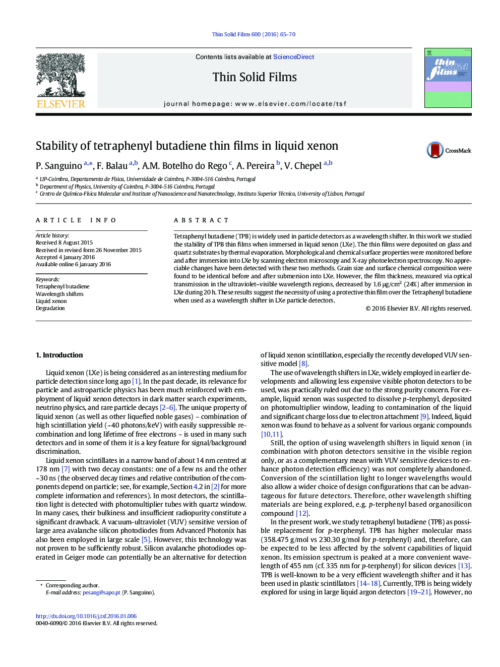 Stability of tetraphenyl butadiene thin films in liquid xenon