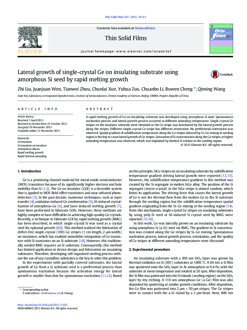 Lateral growth of single-crystal Ge on insulating substrate using amorphous Si seed by rapid melting growth