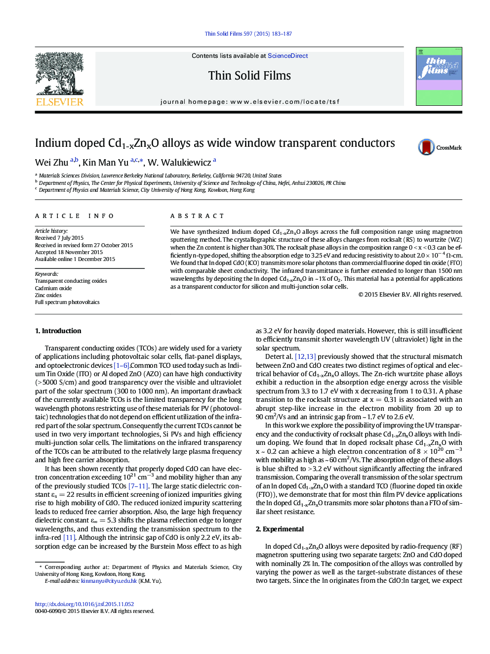 Indium doped Cd1-xZnxO alloys as wide window transparent conductors