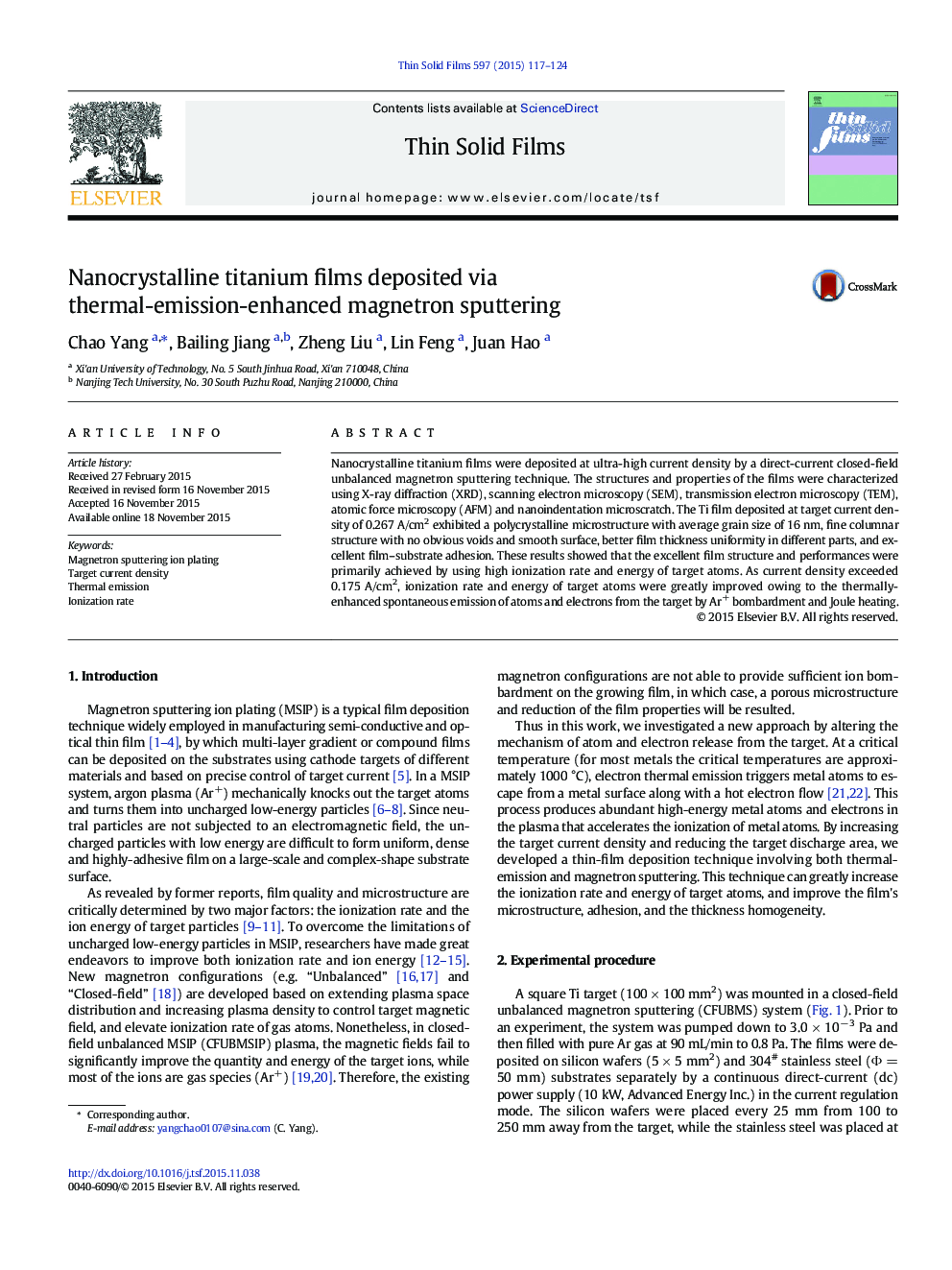 Nanocrystalline titanium films deposited via thermal-emission-enhanced magnetron sputtering