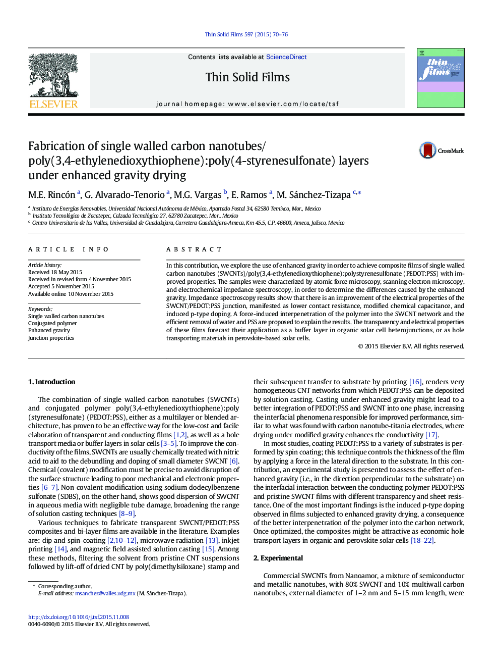 Fabrication of single walled carbon nanotubes/poly(3,4-ethylenedioxythiophene):poly(4-styrenesulfonate) layers under enhanced gravity drying