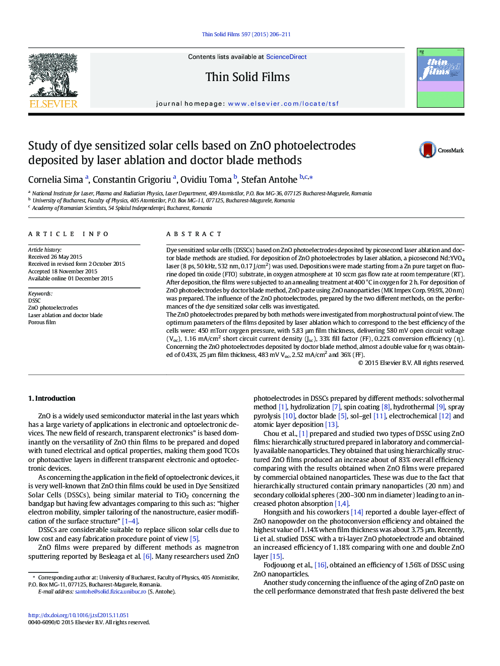 Study of dye sensitized solar cells based on ZnO photoelectrodes deposited by laser ablation and doctor blade methods