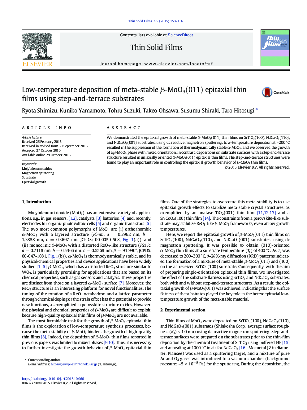 Low-temperature deposition of meta-stable β-MoO3(011) epitaxial thin films using step-and-terrace substrates