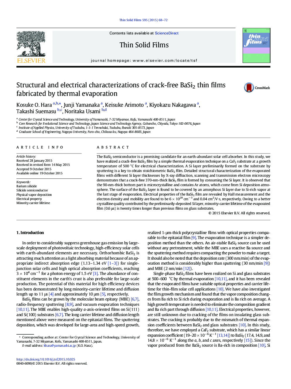 Structural and electrical characterizations of crack-free BaSi2 thin films fabricated by thermal evaporation