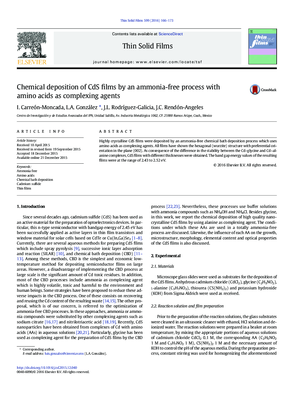 Chemical deposition of CdS films by an ammonia-free process with amino acids as complexing agents