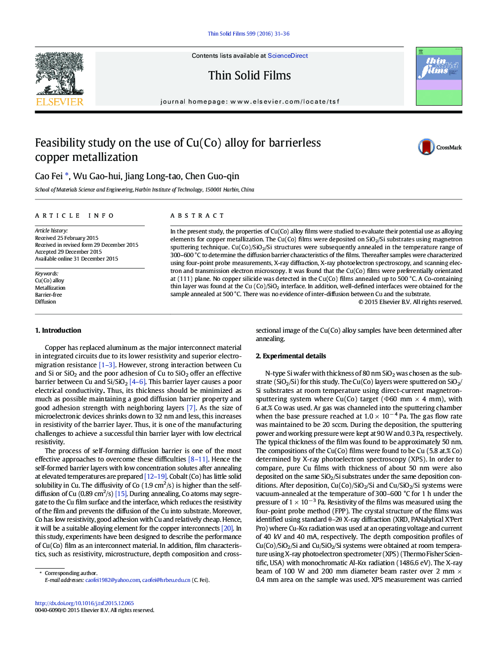 Feasibility study on the use of Cu(Co) alloy for barrierless copper metallization