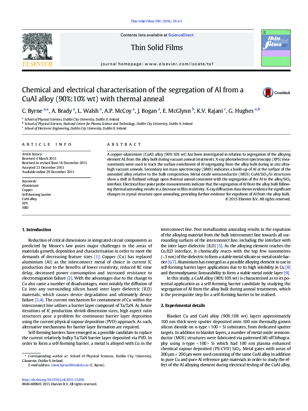 Chemical and electrical characterisation of the segregation of Al from a CuAl alloy (90%:10% wt) with thermal anneal