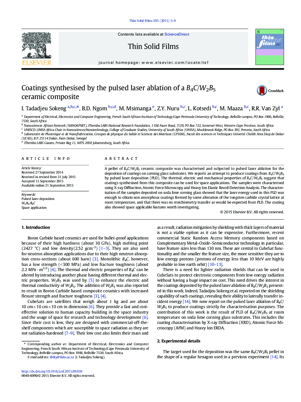 Coatings synthesised by the pulsed laser ablation of a B4C/W2B5 ceramic composite