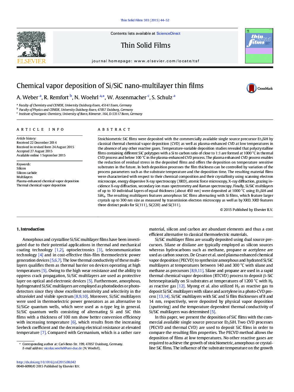 Chemical vapor deposition of Si/SiC nano-multilayer thin films