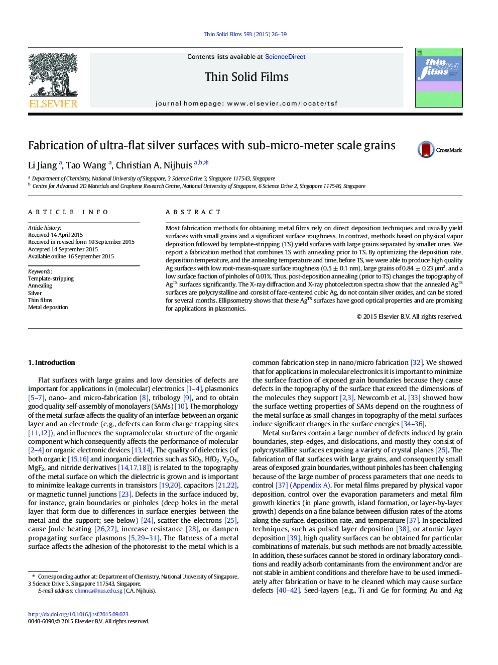 Fabrication of ultra-flat silver surfaces with sub-micro-meter scale grains