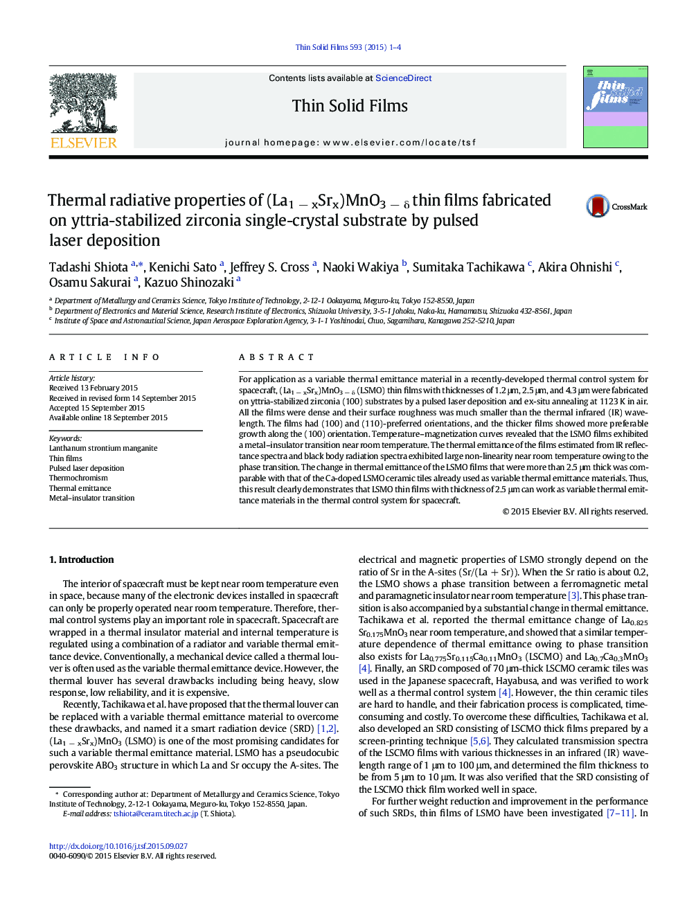 Thermal radiative properties of (La1 − xSrx)MnO3 − δ thin films fabricated on yttria-stabilized zirconia single-crystal substrate by pulsed laser deposition