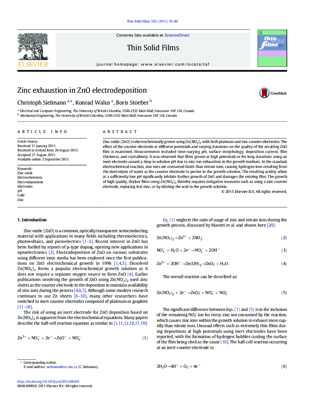 Zinc exhaustion in ZnO electrodeposition