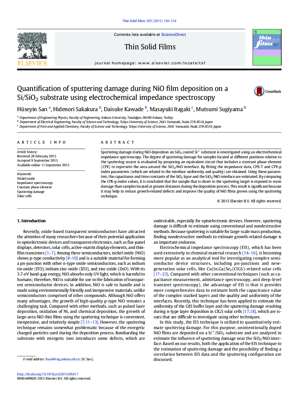 Quantification of sputtering damage during NiO film deposition on a Si/SiO2 substrate using electrochemical impedance spectroscopy