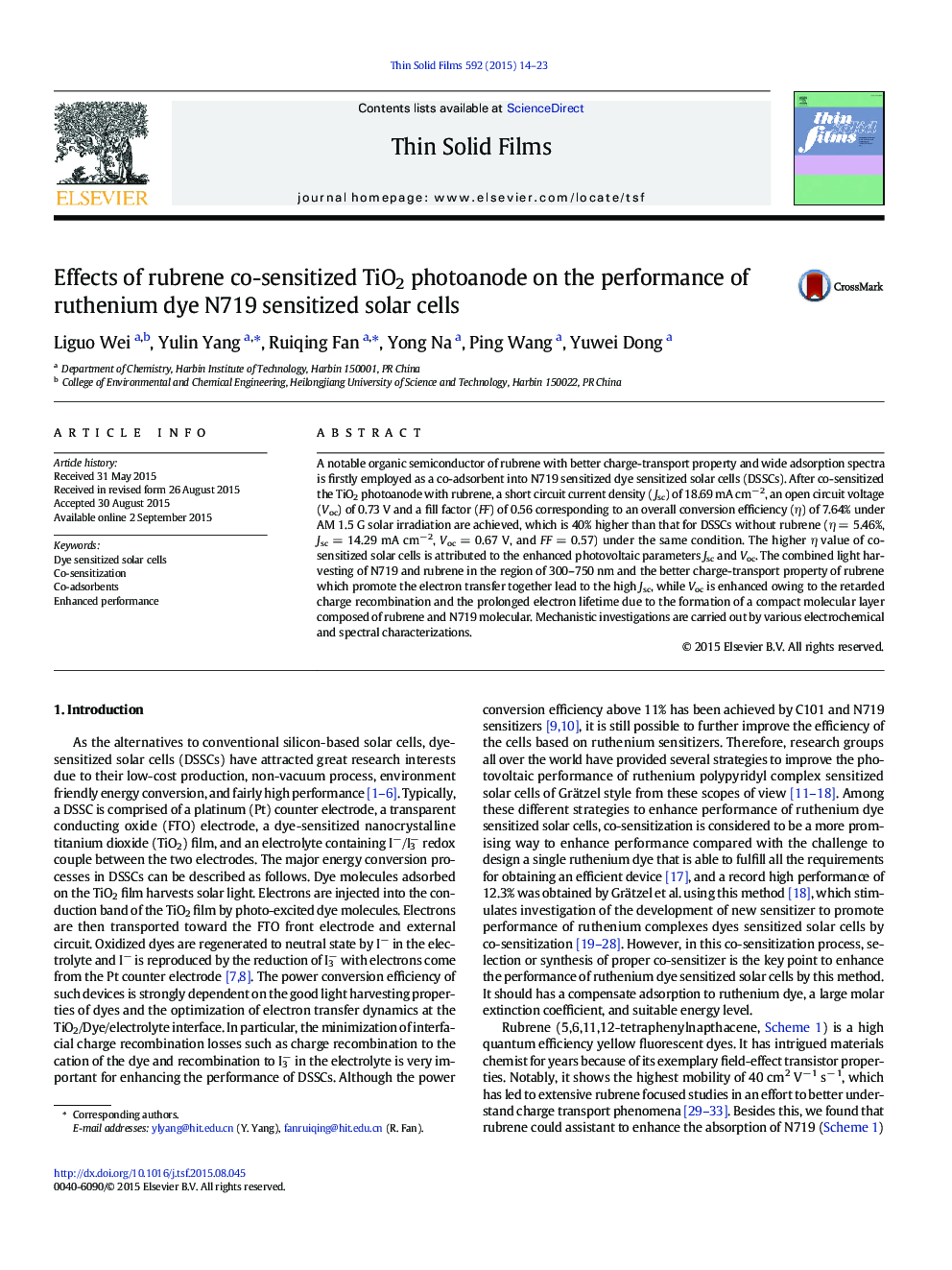 Effects of rubrene co-sensitized TiO2 photoanode on the performance of ruthenium dye N719 sensitized solar cells