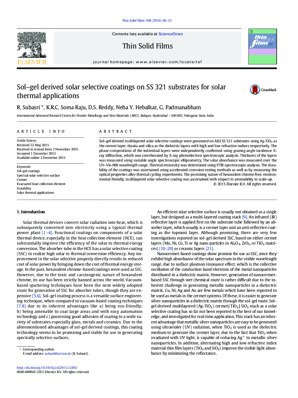 Sol–gel derived solar selective coatings on SS 321 substrates for solar thermal applications