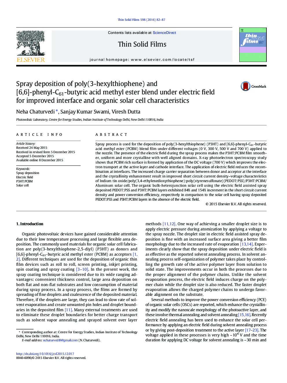 Spray deposition of poly(3-hexylthiophene) and [6,6]-phenyl-C61-butyric acid methyl ester blend under electric field for improved interface and organic solar cell characteristics