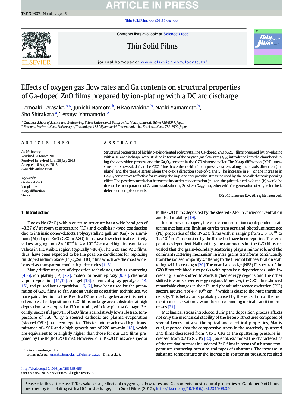 Effects of oxygen gas flow rates and Ga contents on structural properties of Ga-doped ZnO films prepared by ion-plating with a DC arc discharge