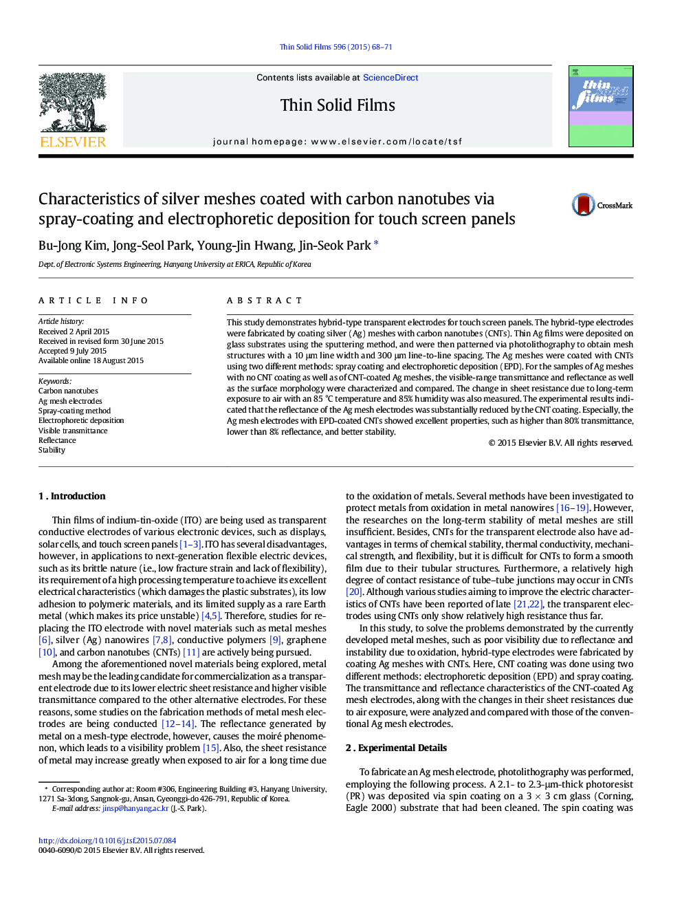 Characteristics of silver meshes coated with carbon nanotubes via spray-coating and electrophoretic deposition for touch screen panels