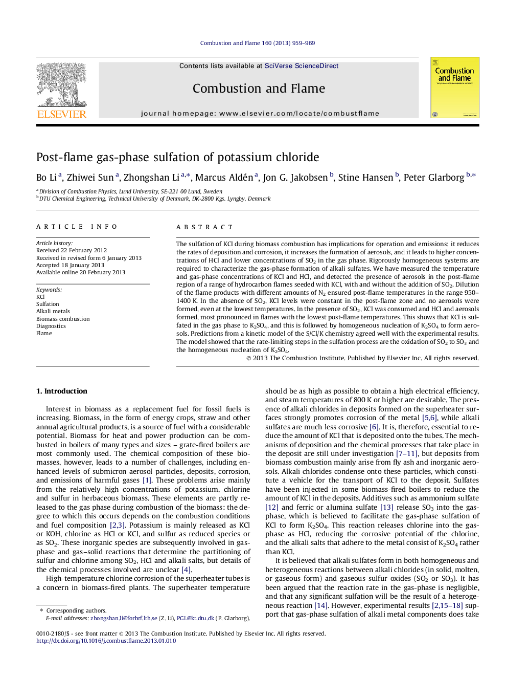 Post-flame gas-phase sulfation of potassium chloride