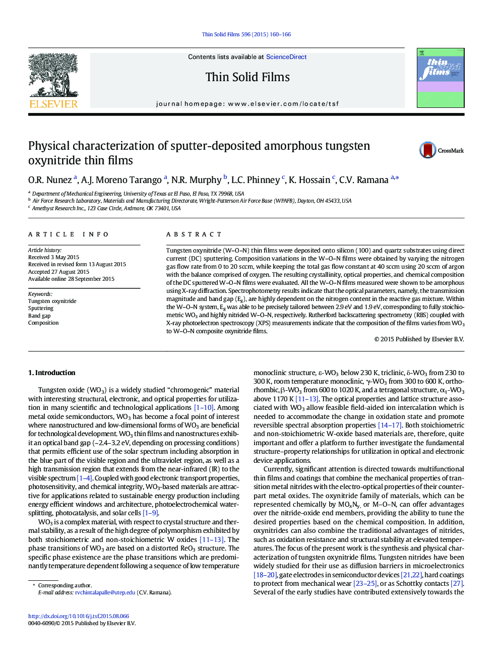 Physical characterization of sputter-deposited amorphous tungsten oxynitride thin films