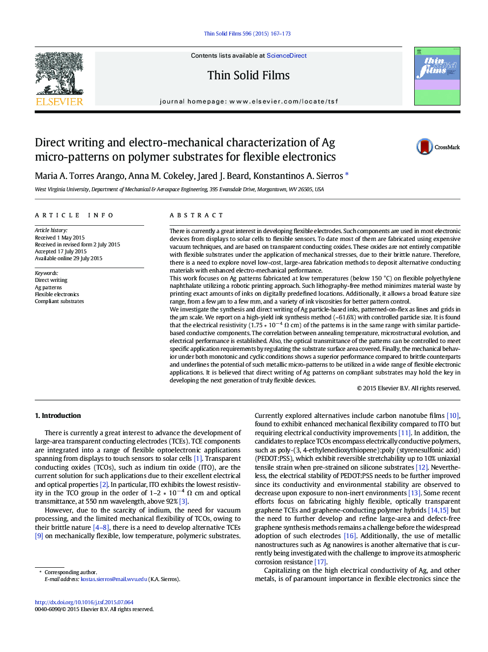 Direct writing and electro-mechanical characterization of Ag micro-patterns on polymer substrates for flexible electronics