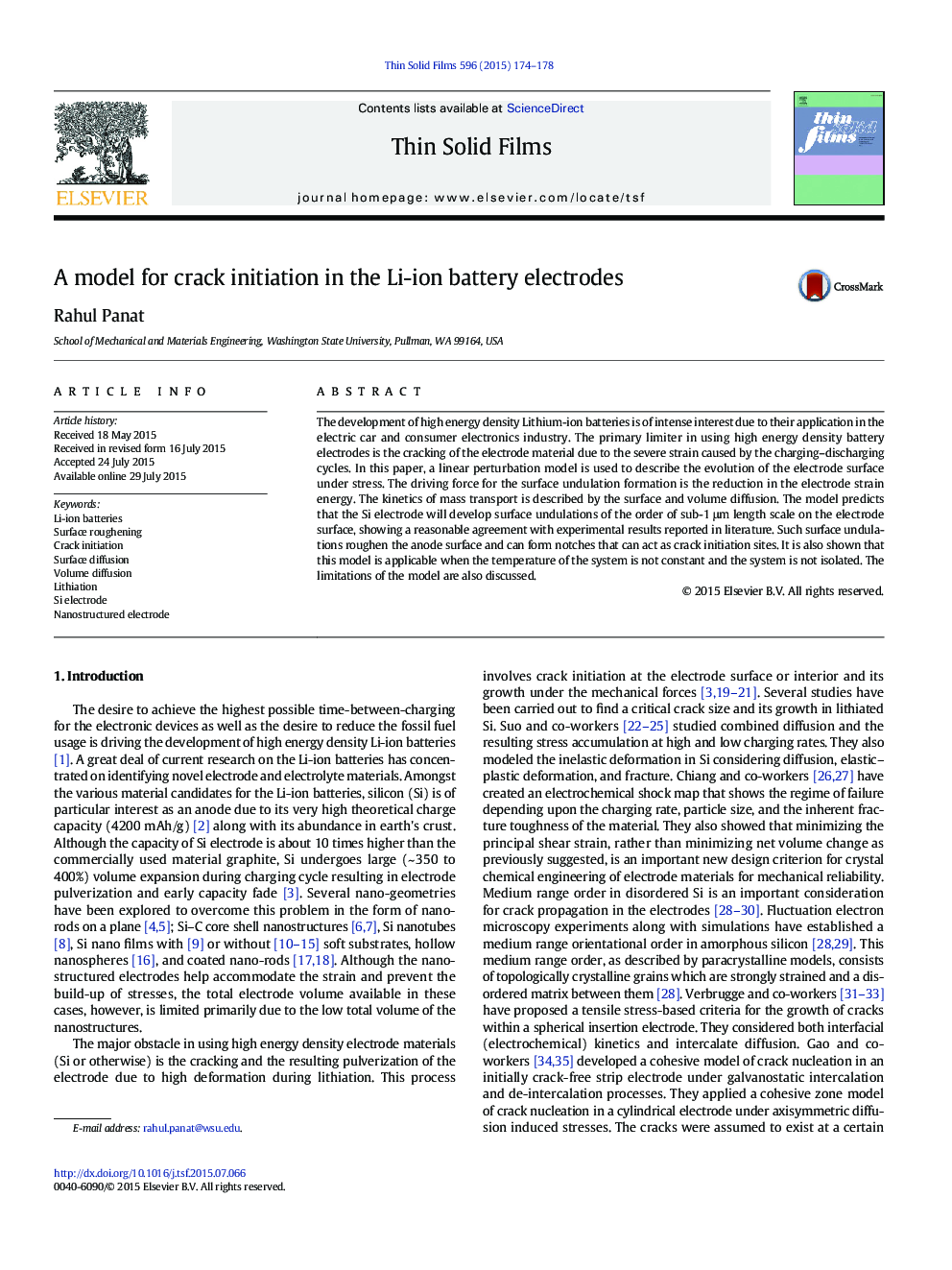 A model for crack initiation in the Li-ion battery electrodes