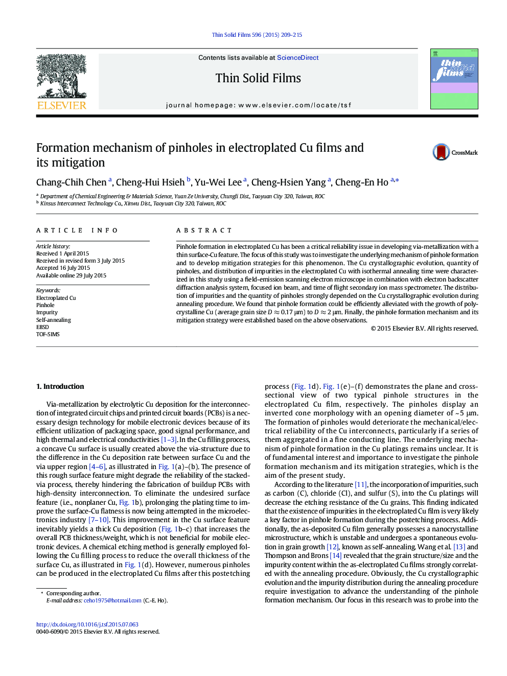 Formation mechanism of pinholes in electroplated Cu films and its mitigation