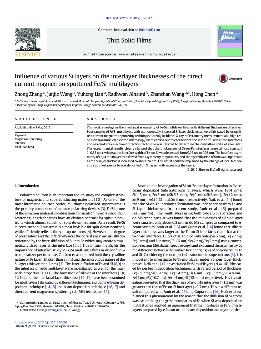عکس صفحه اول مقاله: Influence of various Si layers on the interlayer thicknesses of the direct current magnetron sputtered Fe/Si multilayers Influence of various Si layers on the interlayer thicknesses of the direct current magnetron sputtered Fe/Si multilayers