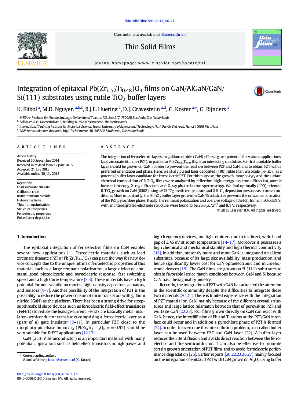 Integration of epitaxial Pb(Zr0.52Ti0.48)O3 films on GaN/AlGaN/GaN/Si(111) substrates using rutile TiO2 buffer layers