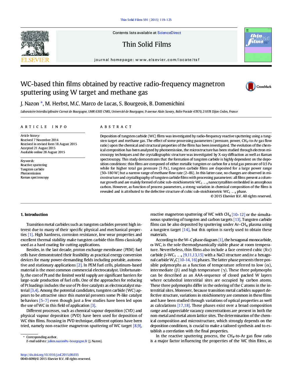 WC-based thin films obtained by reactive radio-frequency magnetron sputtering using W target and methane gas