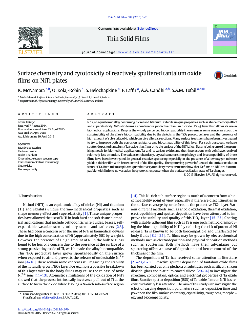عکس صفحه اول مقاله: Surface chemistry and cytotoxicity of reactively sputtered tantalum oxide films on NiTi plates Surface chemistry and cytotoxicity of reactively sputtered tantalum oxide films on NiTi plates