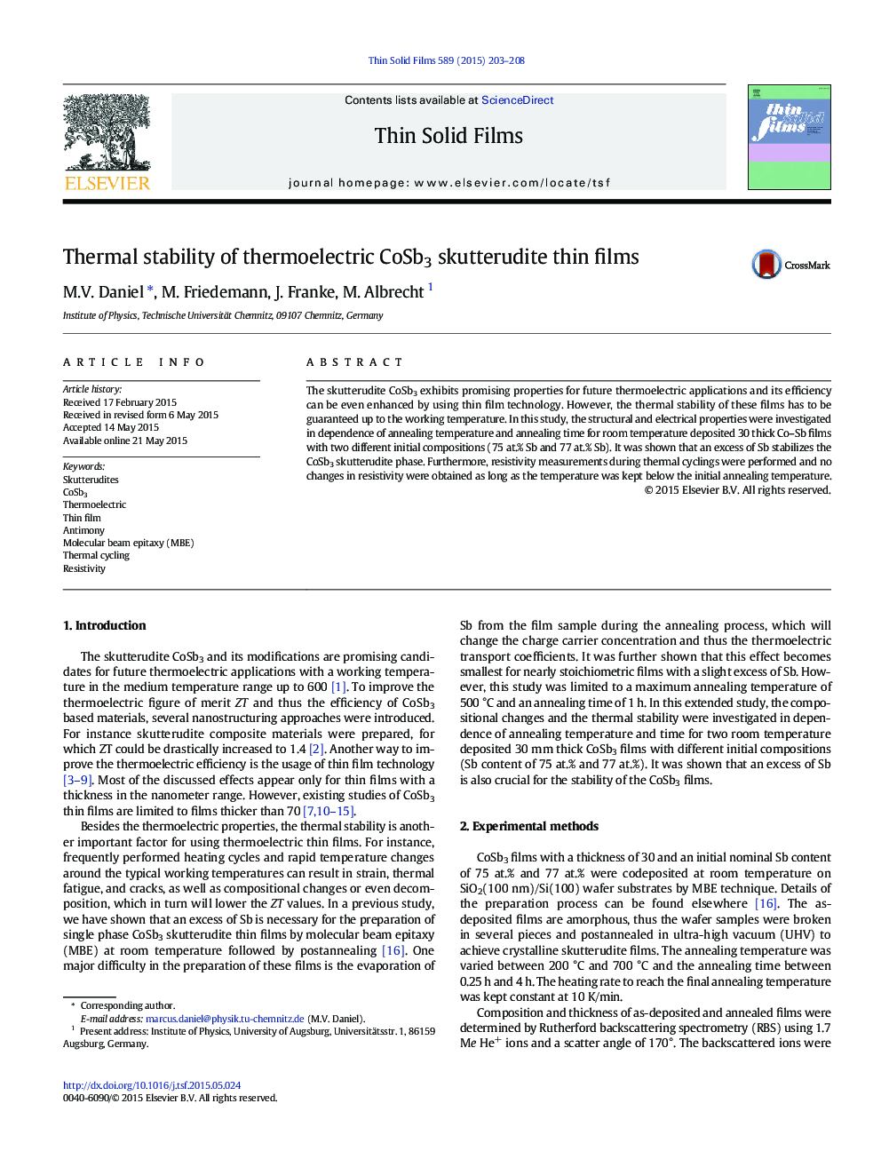 Thermal stability of thermoelectric CoSb3 skutterudite thin films