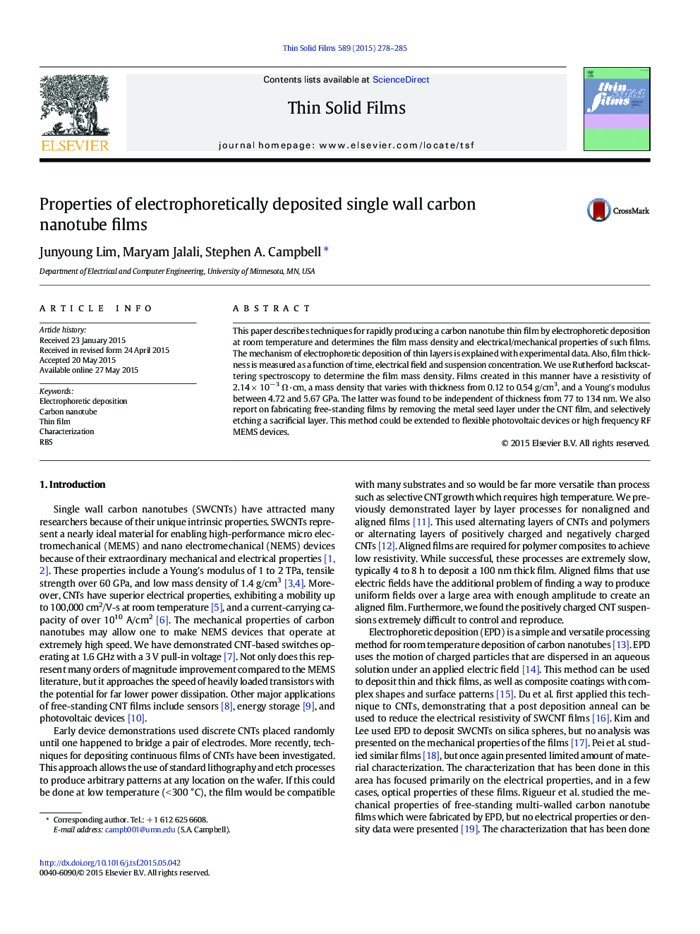 Properties of electrophoretically deposited single wall carbon nanotube films