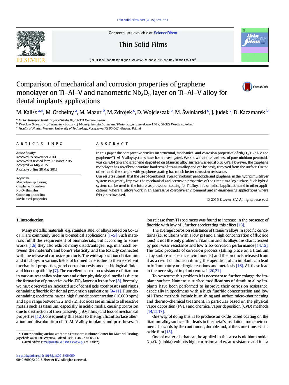 Comparison of mechanical and corrosion properties of graphene monolayer on Ti–Al–V and nanometric Nb2O5 layer on Ti–Al–V alloy for dental implants applications