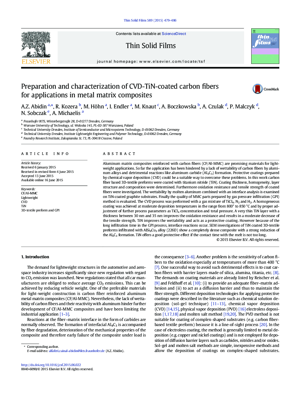 Preparation and characterization of CVD-TiN-coated carbon fibers for applications in metal matrix composites