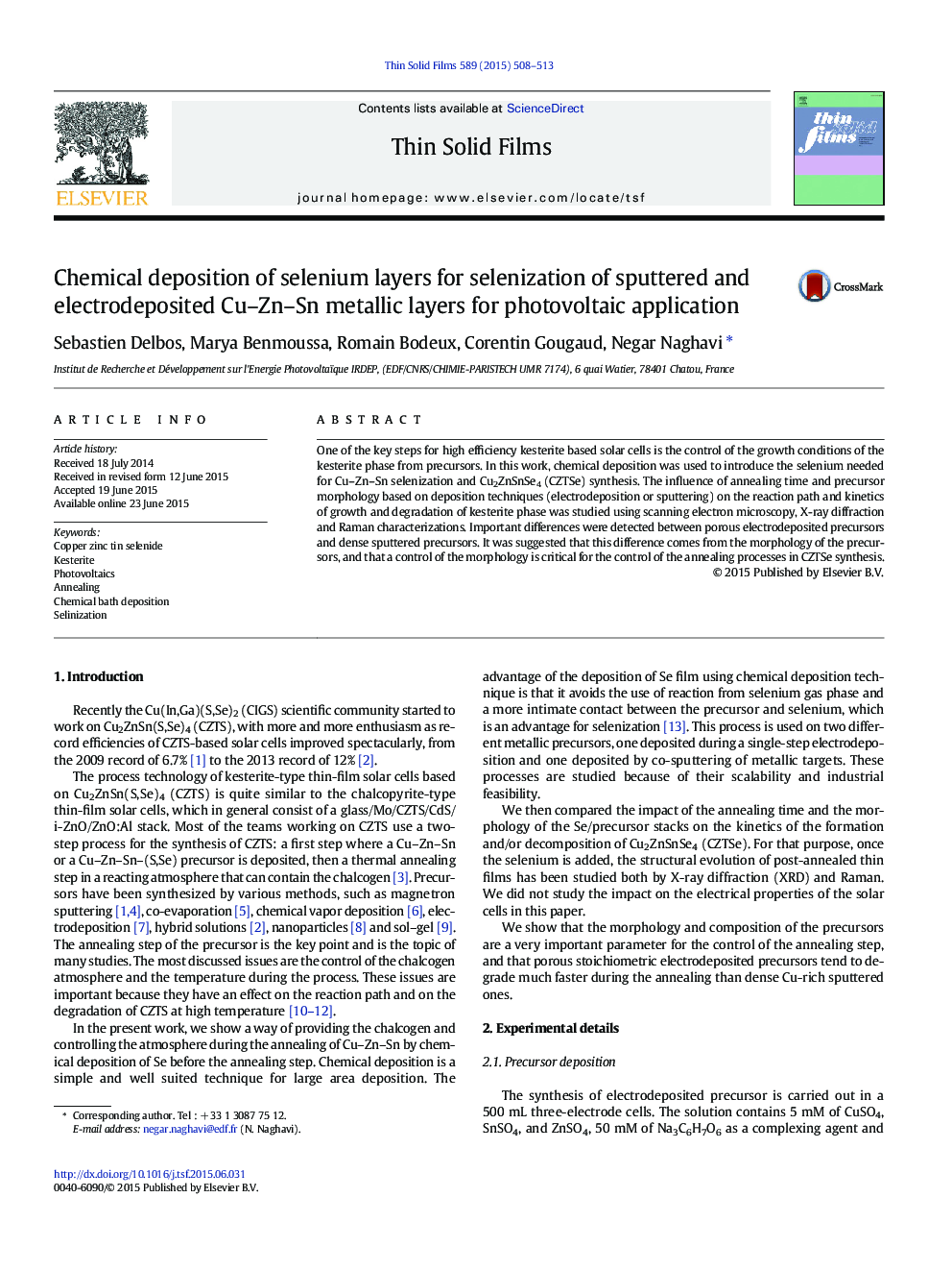 Chemical deposition of selenium layers for selenization of sputtered and electrodeposited Cu-Zn-Sn metallic layers for photovoltaic application