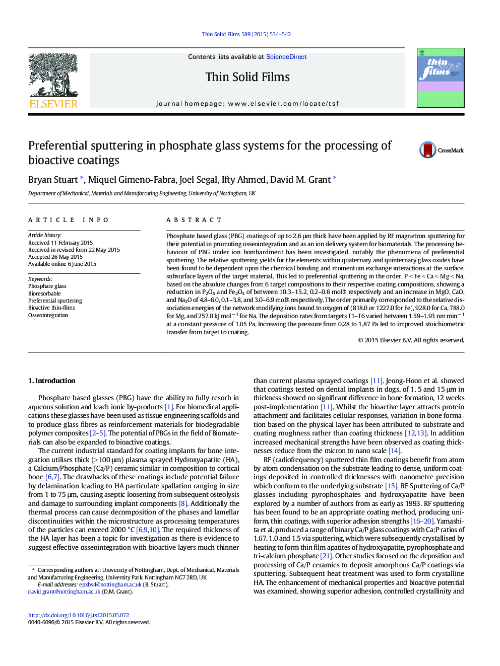 Preferential sputtering in phosphate glass systems for the processing of bioactive coatings