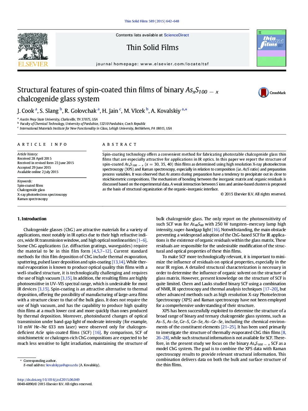 Structural features of spin-coated thin films of binary AsxS100Â âÂ x chalcogenide glass system