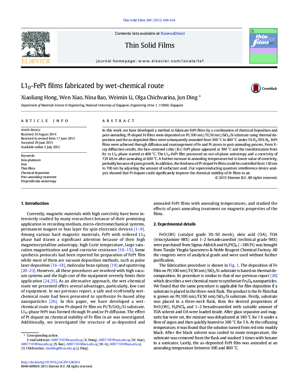 L10-FePt films fabricated by wet-chemical route