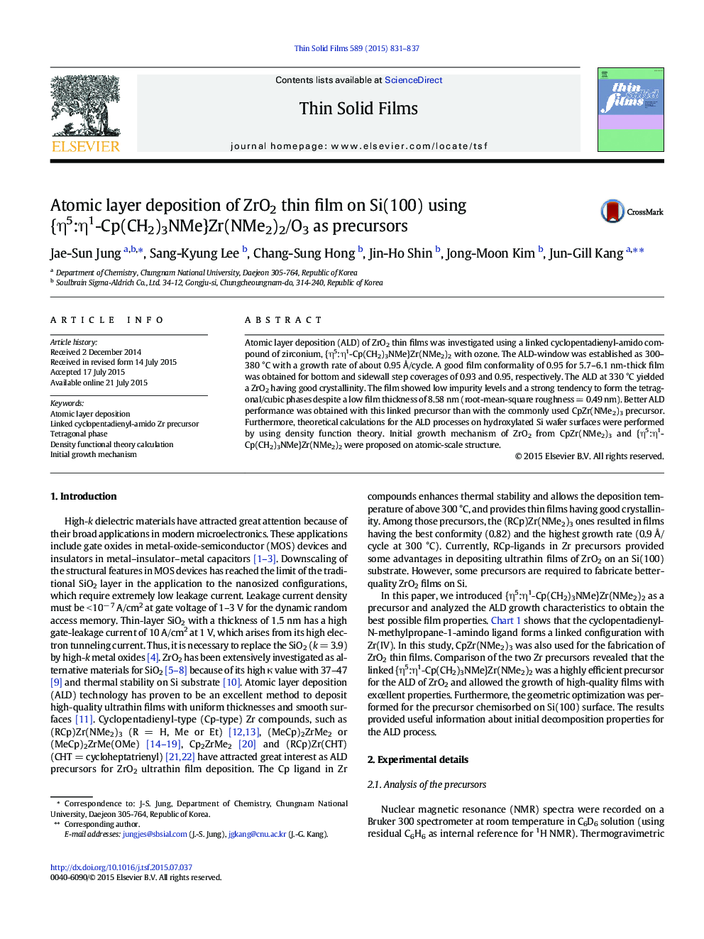 Atomic layer deposition of ZrO2 thin film on Si(100) using {η5:η1-Cp(CH2)3NMe}Zr(NMe2)2/O3 as precursors