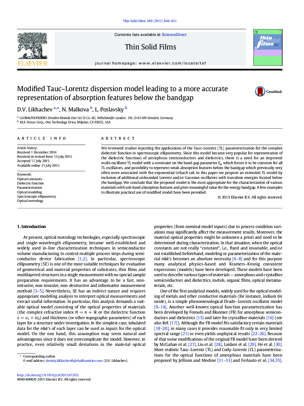 Modified Tauc–Lorentz dispersion model leading to a more accurate representation of absorption features below the bandgap