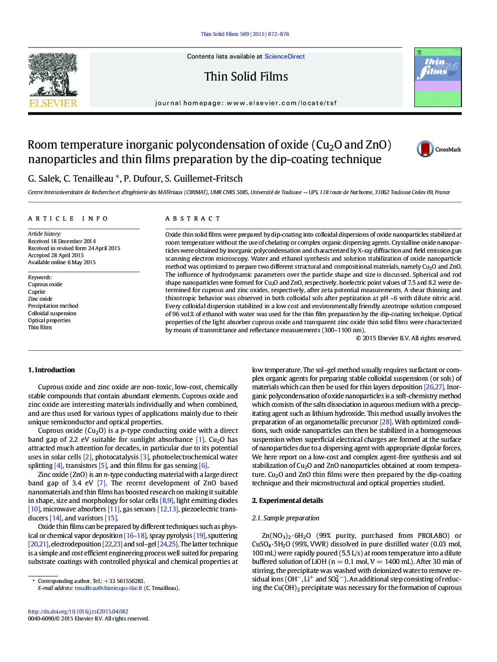 Room temperature inorganic polycondensation of oxide (Cu2O and ZnO) nanoparticles and thin films preparation by the dip-coating technique