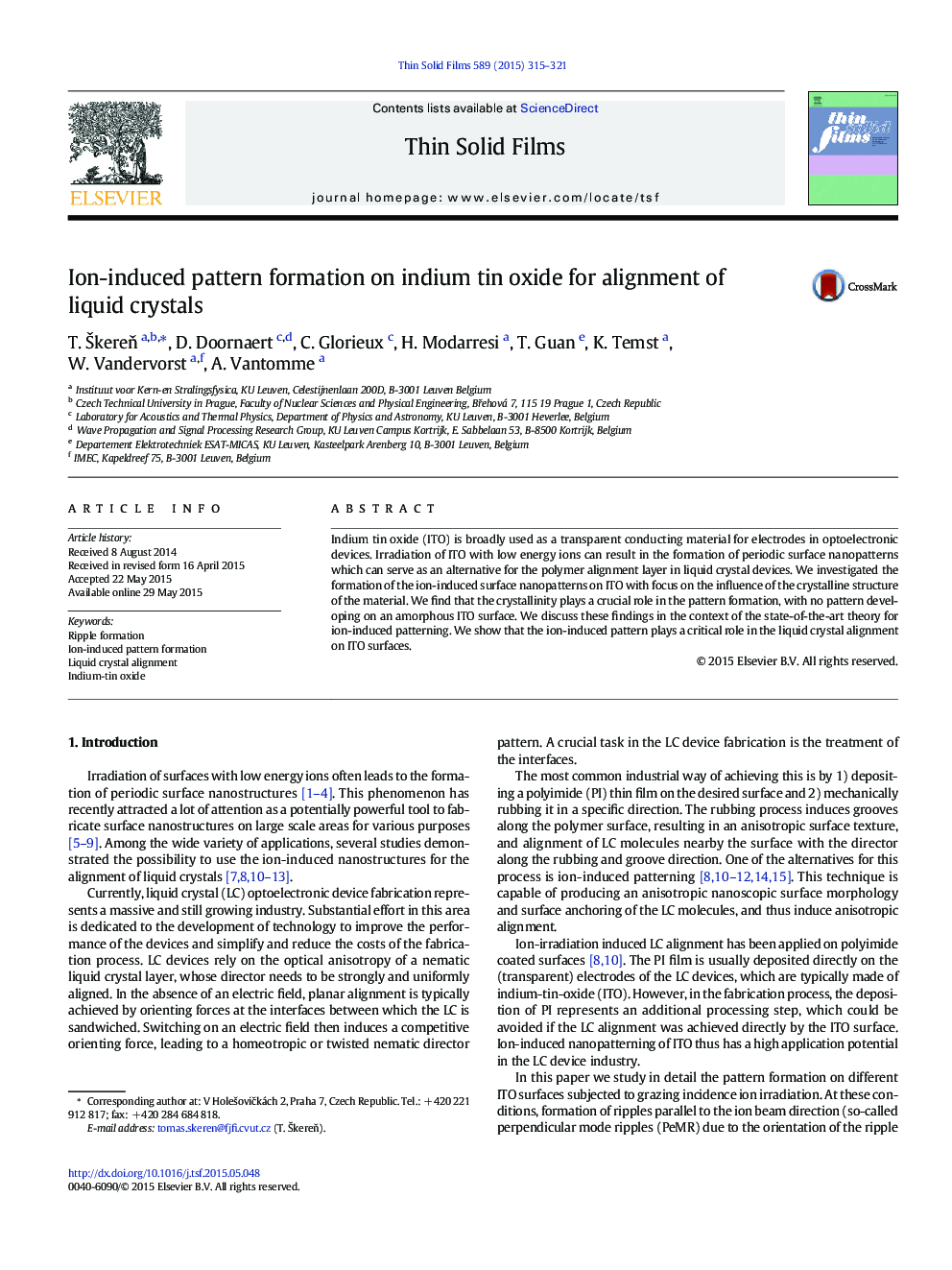 Ion-induced pattern formation on indium tin oxide for alignment of liquid crystals