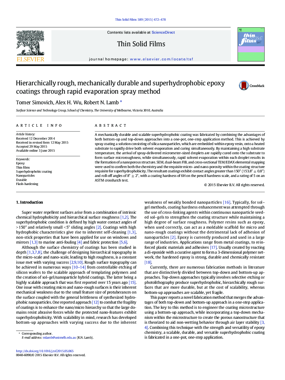 Hierarchically rough, mechanically durable and superhydrophobic epoxy coatings through rapid evaporation spray method