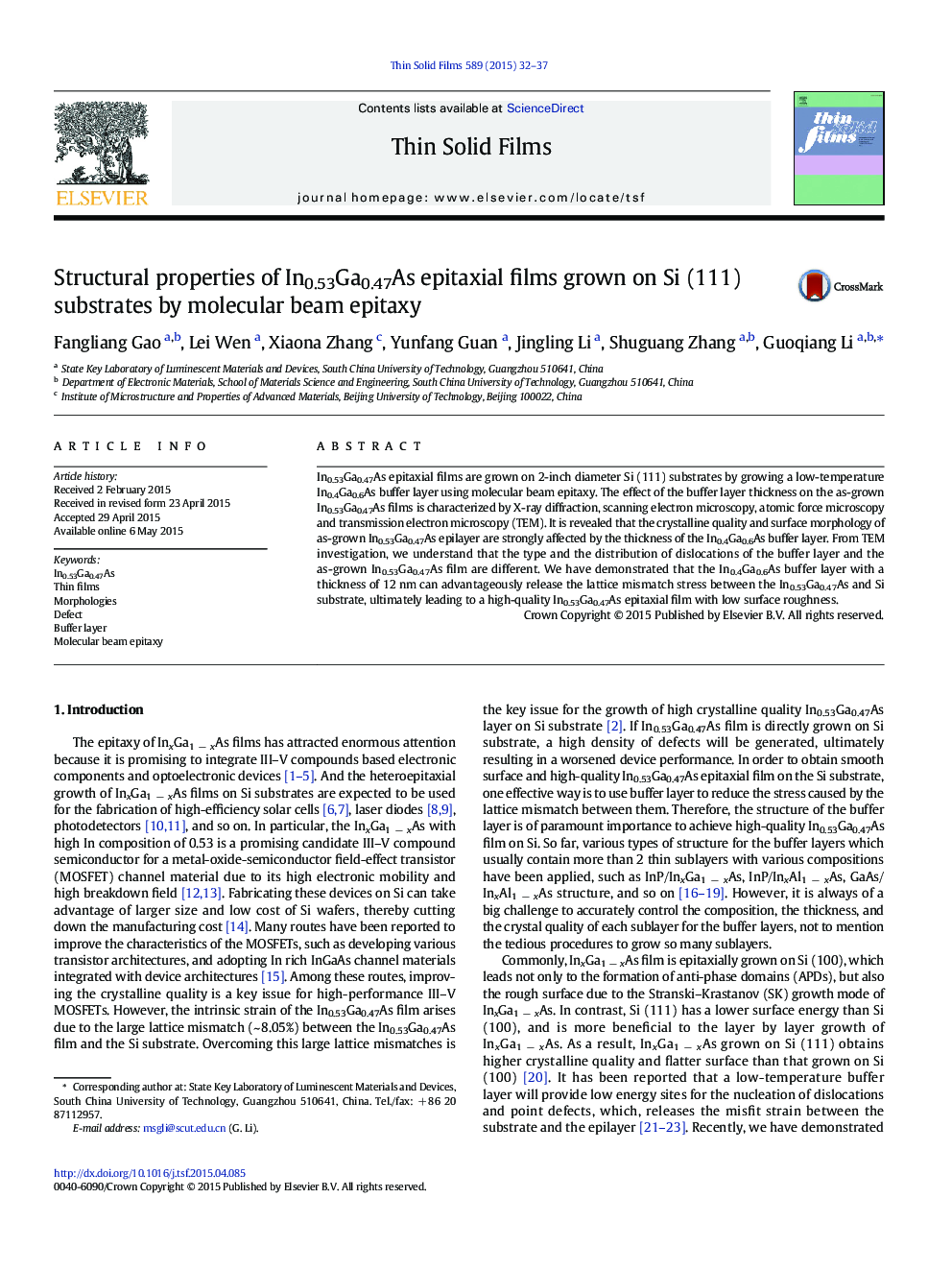 Structural properties of In0.53Ga0.47As epitaxial films grown on Si (111) substrates by molecular beam epitaxy