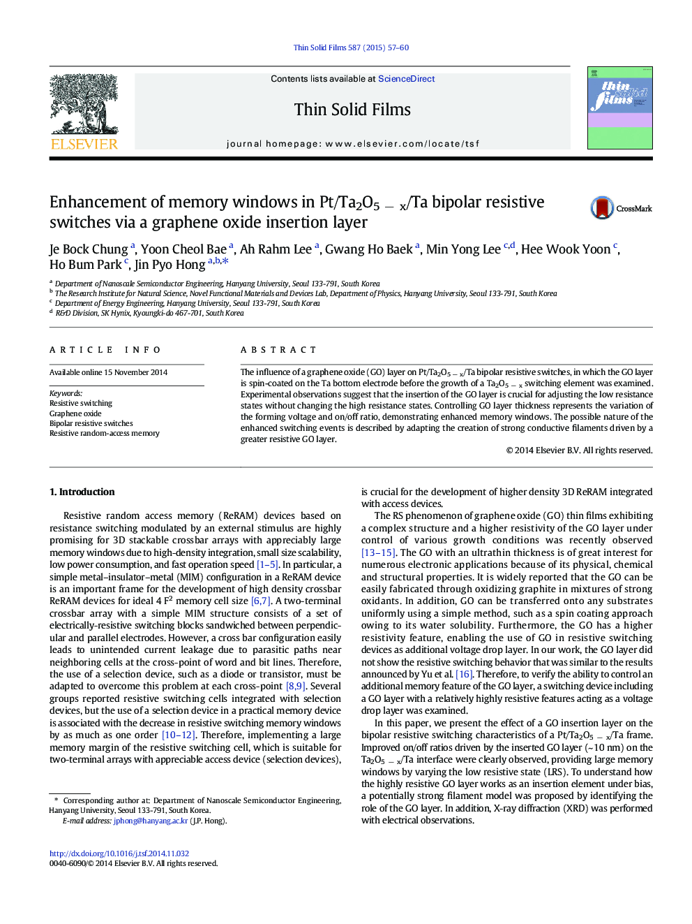 Enhancement of memory windows in Pt/Ta2O5 − x/Ta bipolar resistive switches via a graphene oxide insertion layer