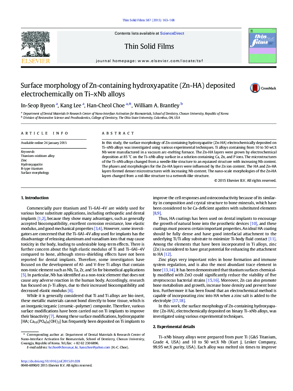 Surface morphology of Zn-containing hydroxyapatite (Zn-HA) deposited electrochemically on Ti–xNb alloys