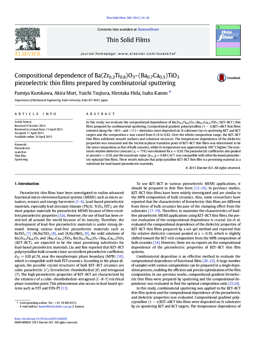 Compositional dependence of Ba(Zr0.2Ti0.8)O3–(Ba0.7Ca0.3)TiO3 piezoelectric thin films prepared by combinatorial sputtering