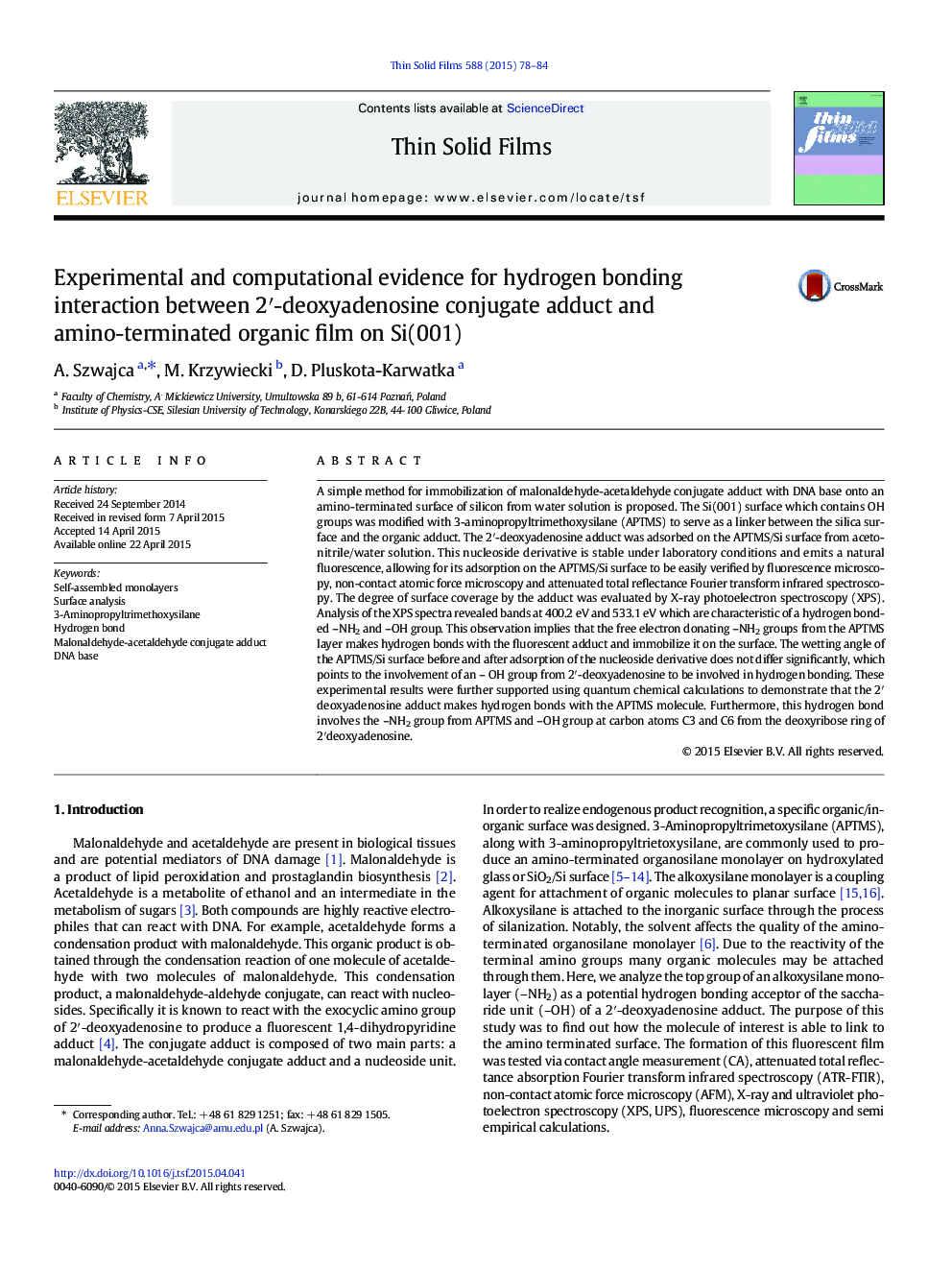 Experimental and computational evidence for hydrogen bonding interaction between 2′-deoxyadenosine conjugate adduct and amino-terminated organic film on Si(001)