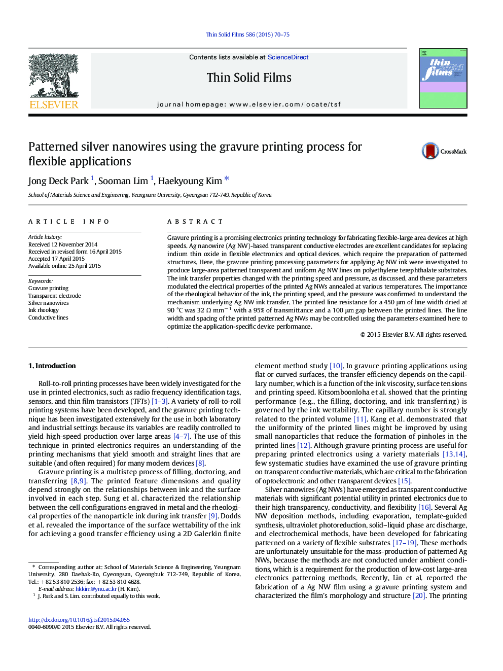 Patterned silver nanowires using the gravure printing process for flexible applications